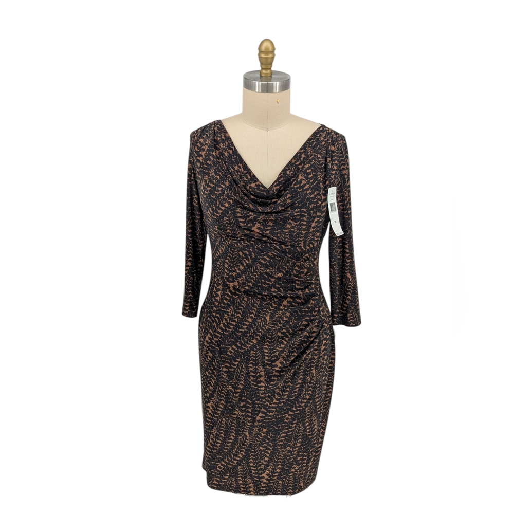 11527 New Lauren Ralph Lauren Animal Printed Ruched Knit Dress Black Brown Sz 10